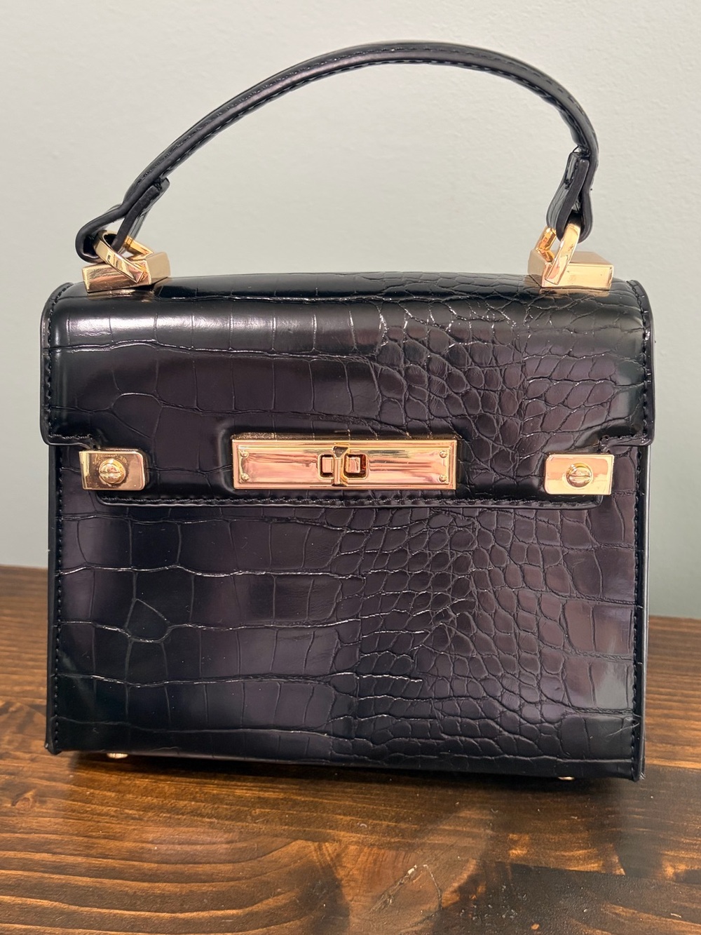 Aldo Laringodiaa Mini Top Handle Handbag Black Croc-Embossed with Gold Hardware